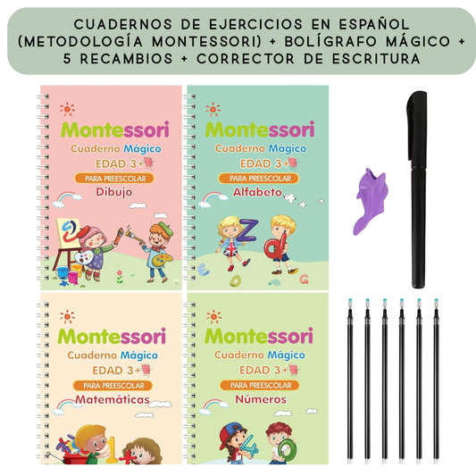 Set Cuadernos reutilizables Montessori – Caligrafía, Números, Dibujos y Matemáticas
