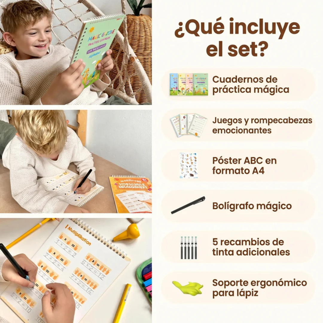 Set cuadernos reutilizable para Niños Montessori – Caligrafía, Números, Dibujos y Matemáticas