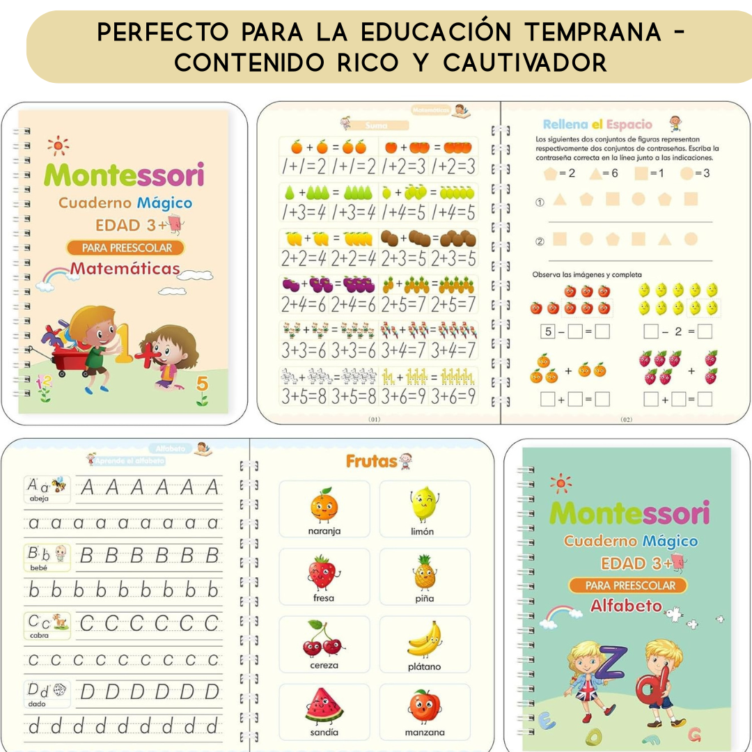 Set cuadernos reutilizable para Niños Montessori – Caligrafía, Números, Dibujos y Matemáticas
