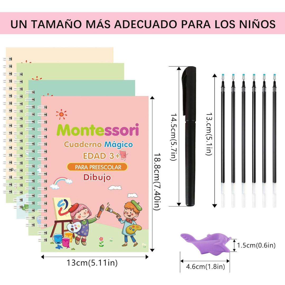 Set cuadernos reutilizable para Niños Montessori – Caligrafía, Números, Dibujos y Matemáticas