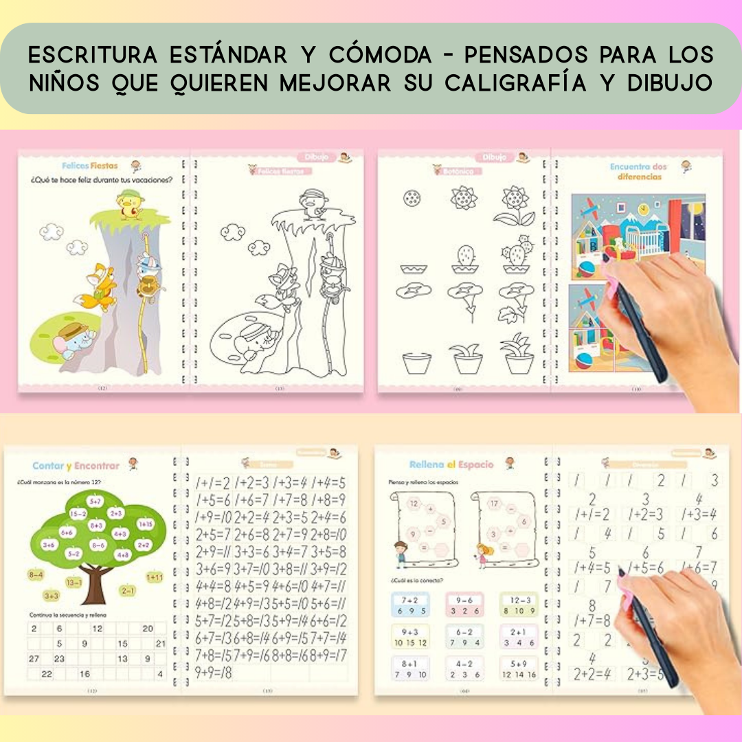 Set cuadernos reutilizable para Niños Montessori – Caligrafía, Números, Dibujos y Matemáticas